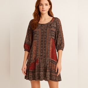 Hayden Ruffled Patchwork Tunic Dress Boho Medium